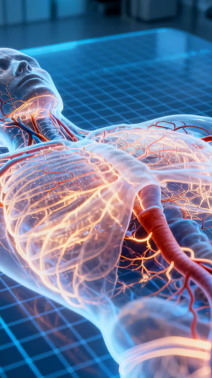 Torso trasparente sdraiato supino con bagliore pulsante che guida una telecamera in aumento, mostrando polmoni, vie aeree e vasi per uso clinico.