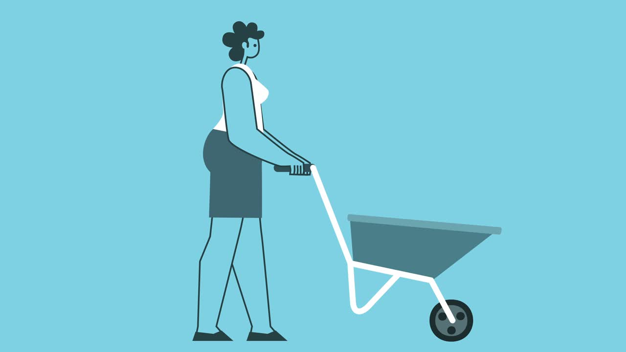 diseño gráfico personaje de mujer audaz caminando con carro de construcción circuito aislado animación 2d. luma mate.