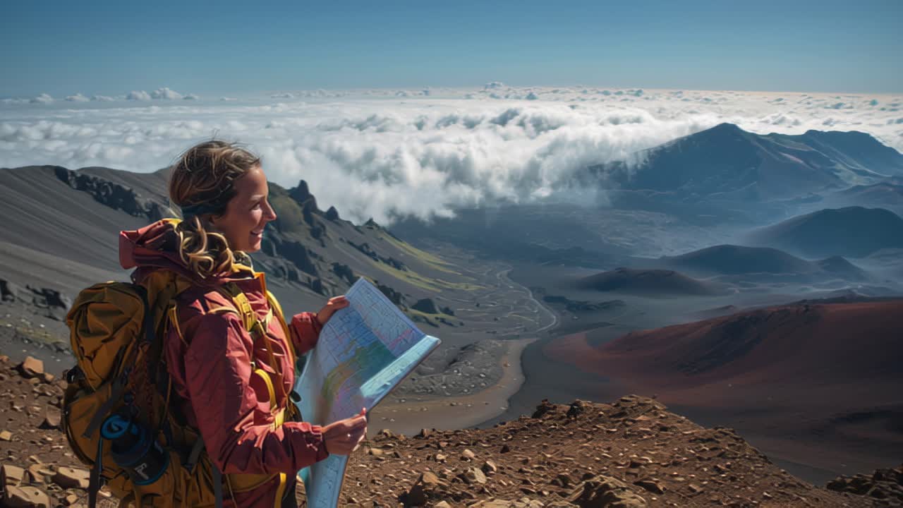 Scenic travel footage of a woman hiker with backpack studying a map on a rocky volcanic ridge, overlooking crater landscape and a sea of clouds at sunrise