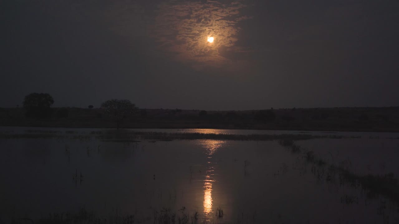 Bulan purnama terbit di atas danau dengan pantulan air pada malam hari di pedesaan India.