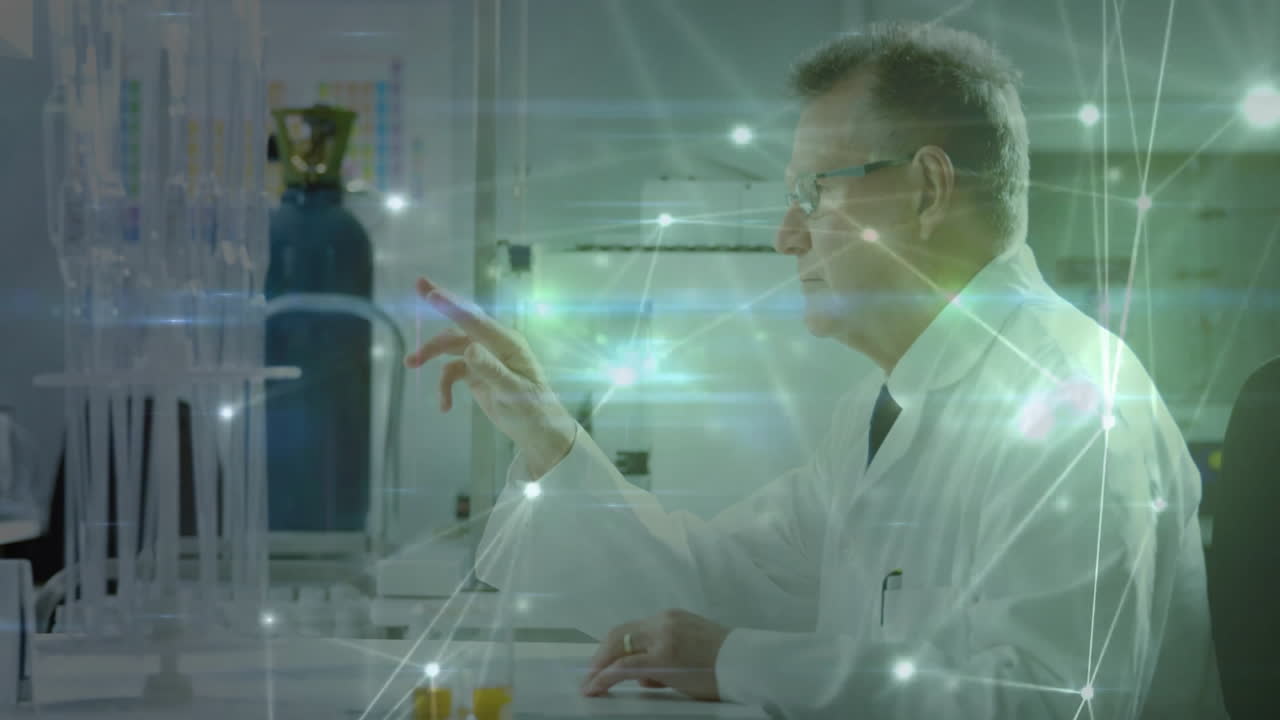 Interacting with digital network overlay, scientist in lab coat in laboratory