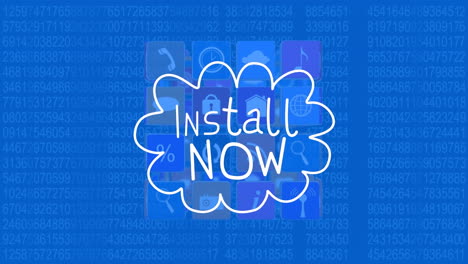 animación de instalar ahora texto e iconos sobre codificación binaria en fondo azul