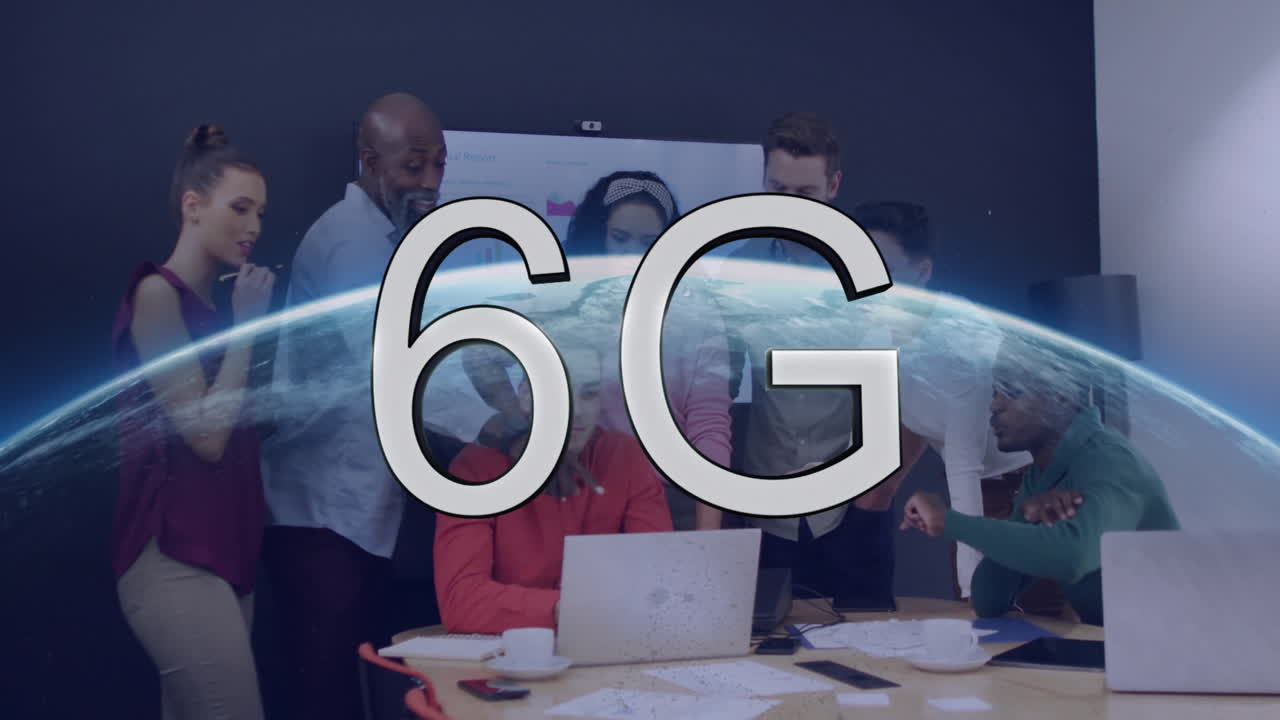 Diverse team collaborating at office with 6G technology animation overlay