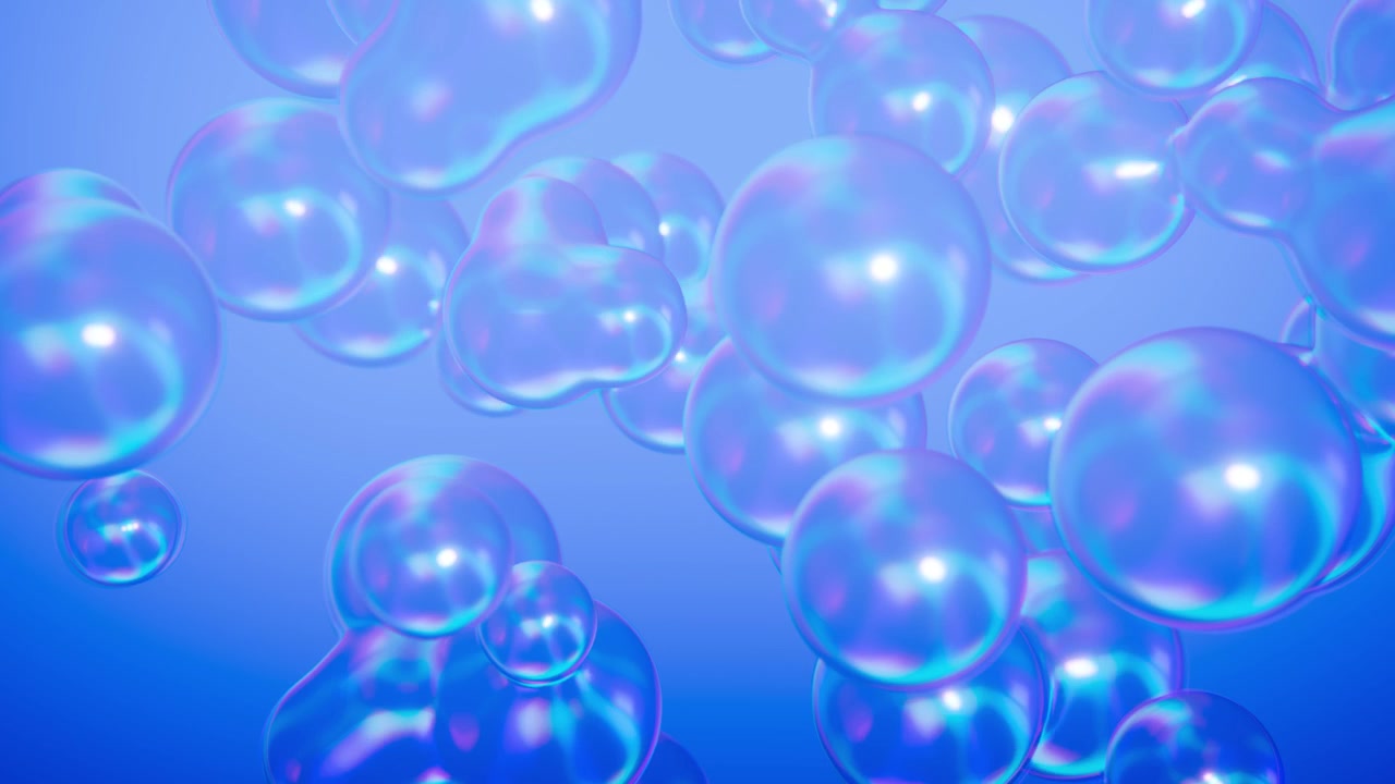 Abstract blue iridescent floating bubbles dimensional render background