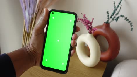 hand holding a smartphone with a green screen and decorative items