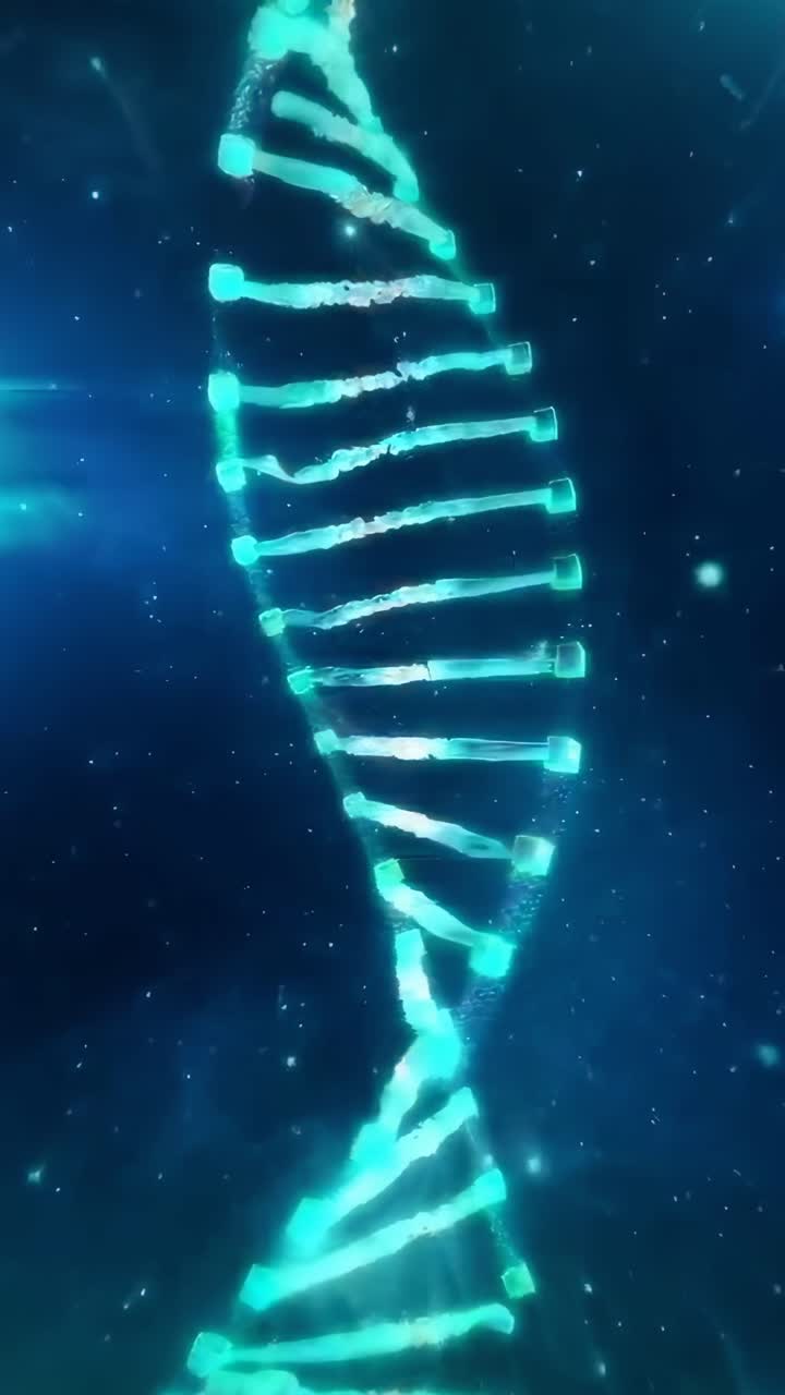 Video futuristico di un'elica di DNA luminosa, ripresa con un'angolazione verticale, nello spazio profondo