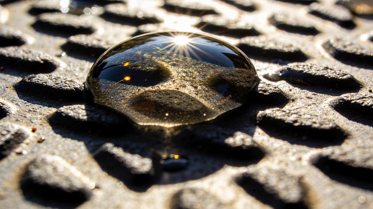 Goccia d'acqua principale che riposa con una piccola gocciolina che mostra un riflesso a stella su una piastra corrosa dal sole basso