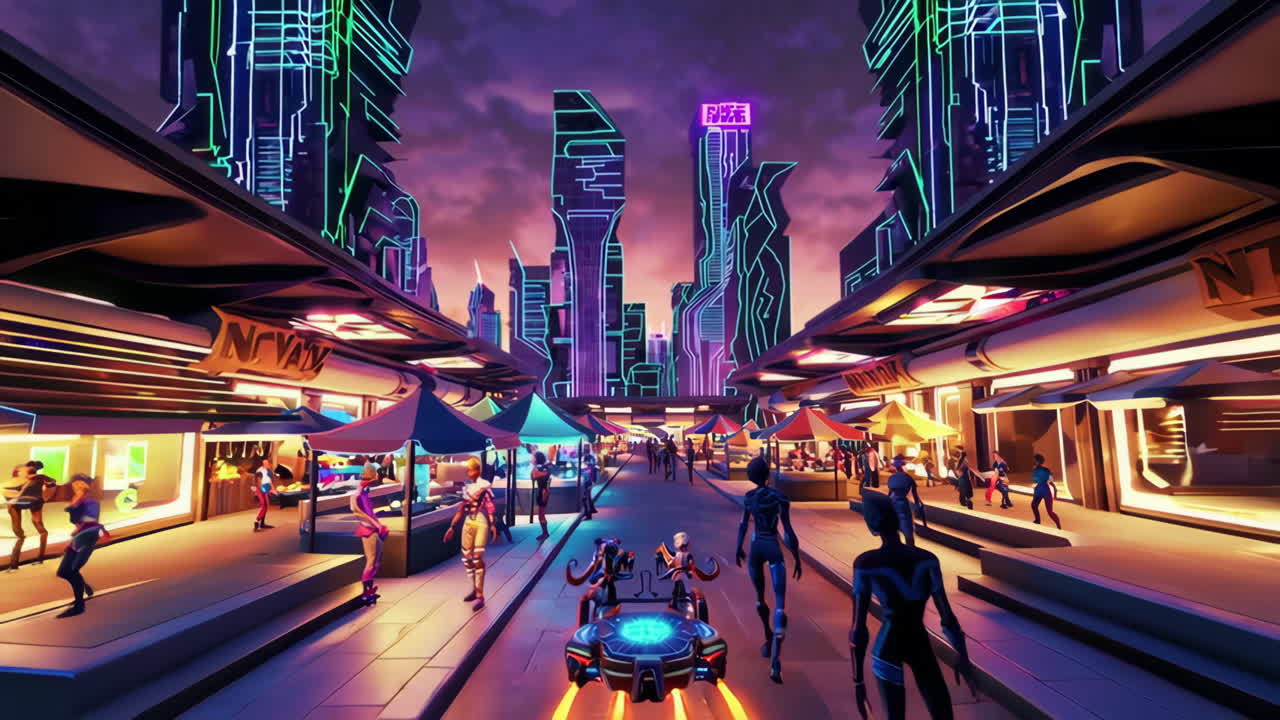 Cyberpunk Futuristic City Market at Night