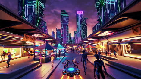 cyberpunk futuristic city market at night
