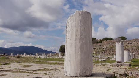 ancient pillars of the athena sanctuary in front of a cloudy sky in pergamum