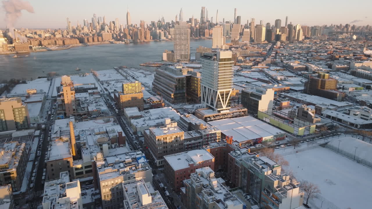 Aerial view of Williamsburg, Brooklyn on a winter morning. Shot in New York City.
