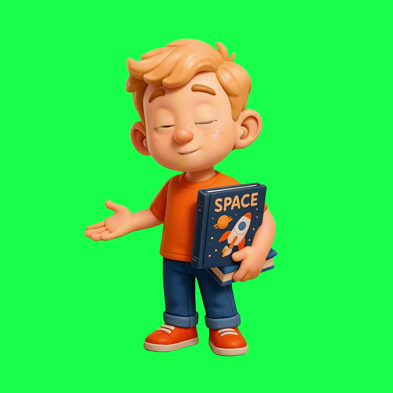 Cartoon boy holding space book animation, transparent 4K video, green screen