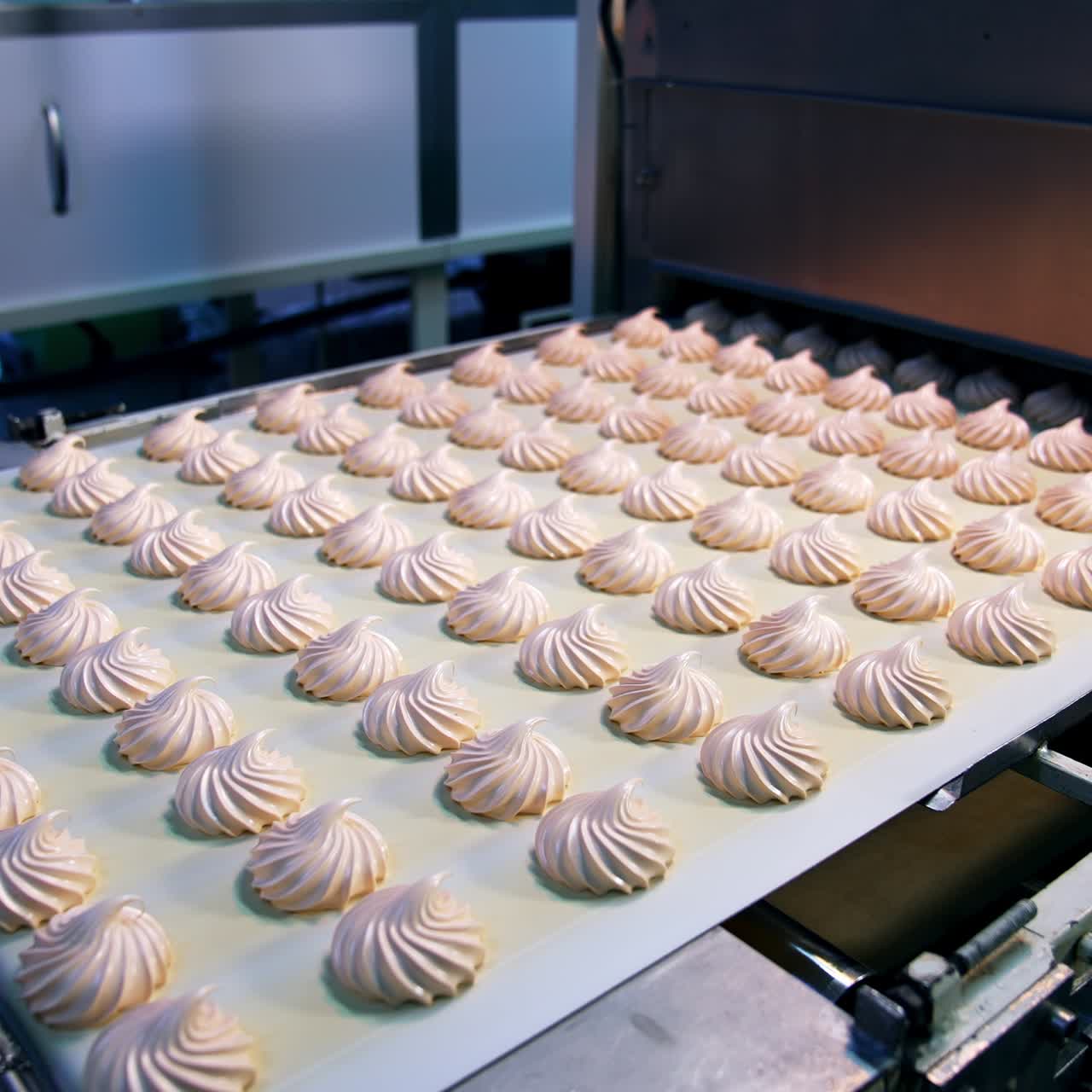 Automated conveyor line with white beautiful candies. Marshmallow sweets put in rows on the conveyor belt of modern confectionery
