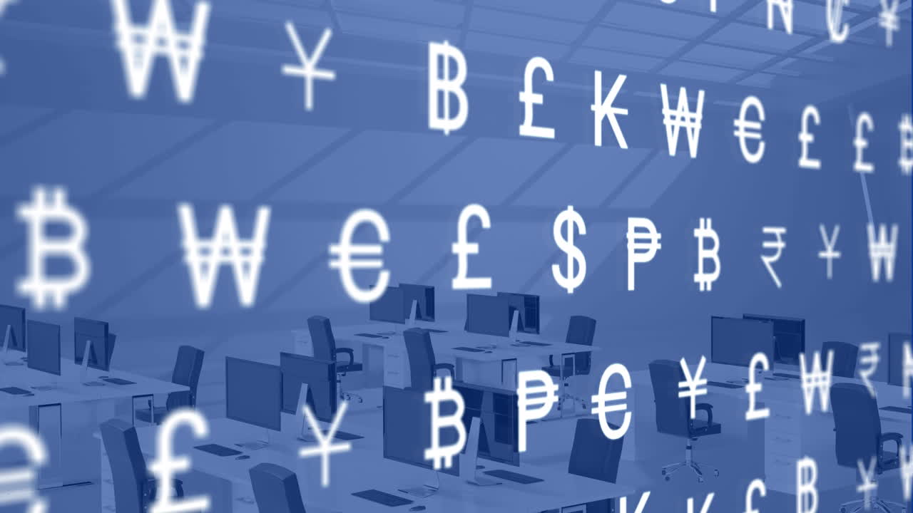 파란색 배경에 대한 3d 오피스 모델 위에 여러 통화 기호의 애니메이션