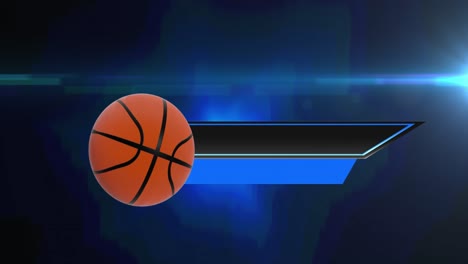 Animation-of-basketball-moving-with-black-and-blue-banners-on-blue-background-with-pulsing-light