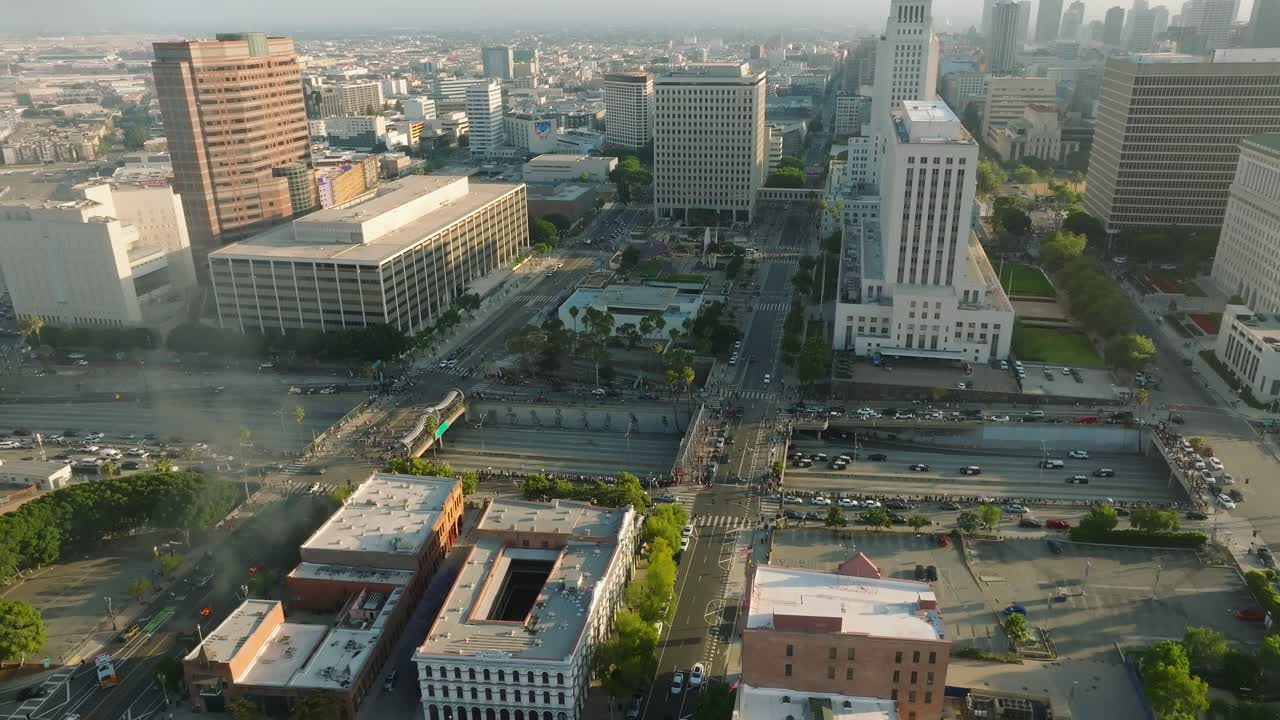 4K aerial of anti-ICE protests in downtown Los Angeles - June 8, 2025
