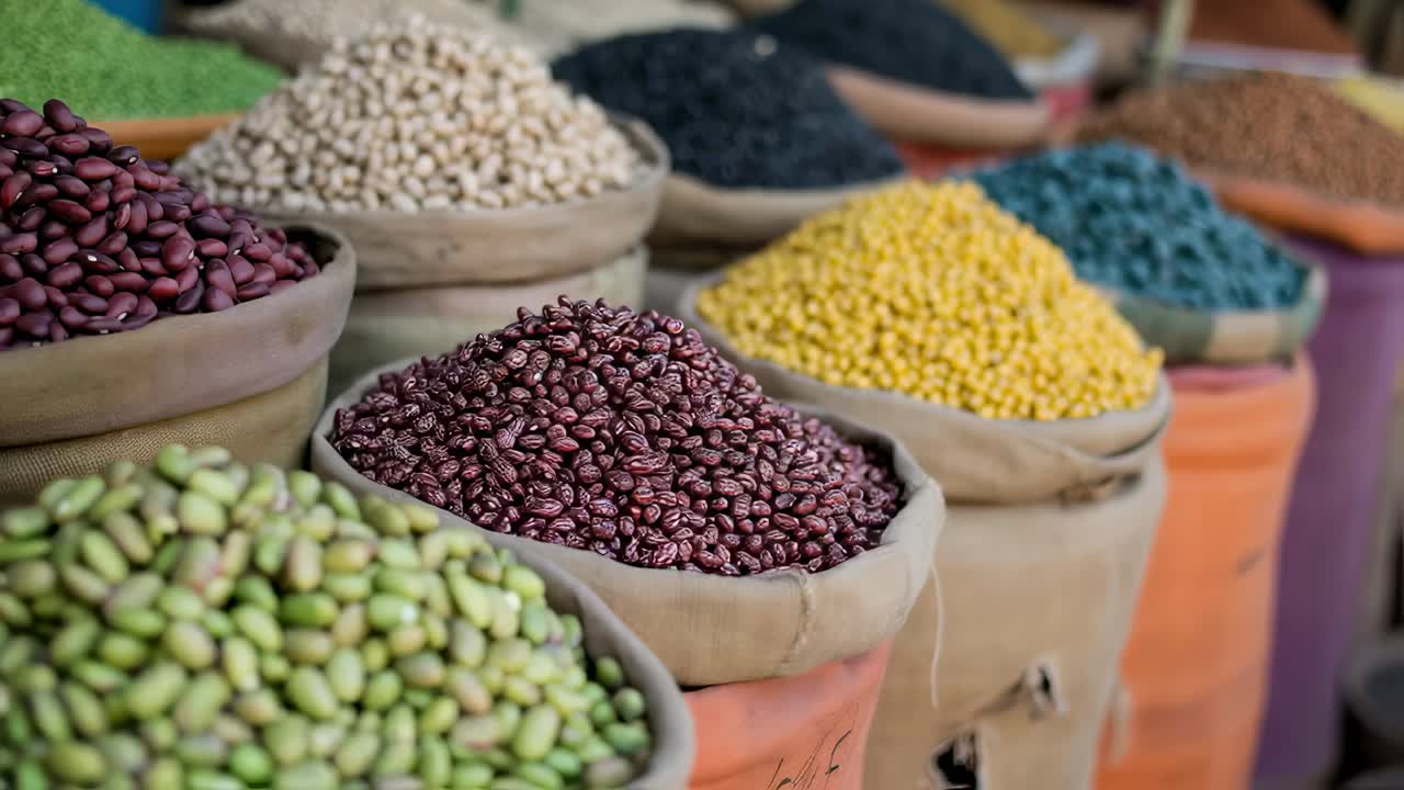 Variety of Beans in Bags at a Market