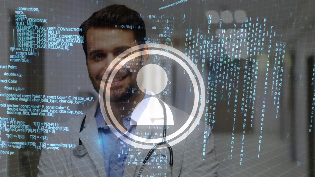 animación del icono del usuario y procesamiento de datos sobre un médico caucásico feliz mirando a la cámara
