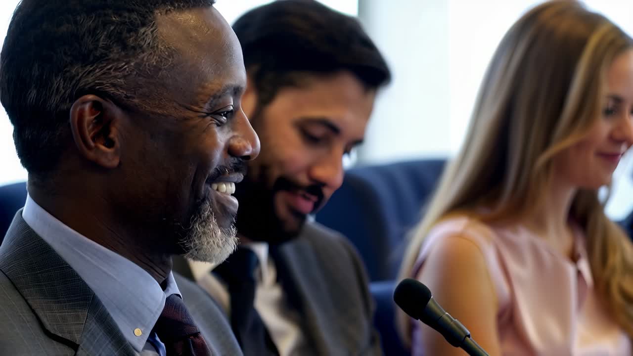 The people are all dressed in business attire and are sitting in a conference room.
