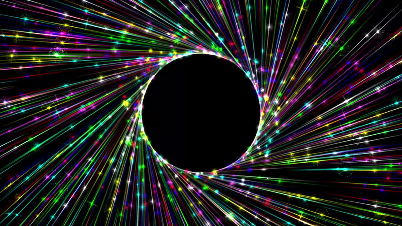 rayos de luz en espiral coloridos y partículas brillantes gráficos de movimiento con fondo nocturno
