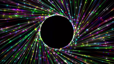 rayos de luz en espiral coloridos y partículas brillantes gráficos de movimiento con fondo nocturno