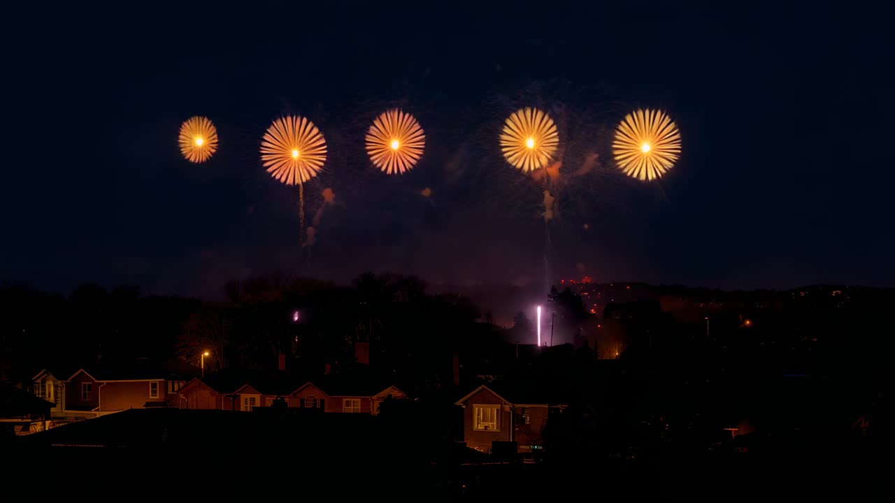 Launching fireworks shells ascending over rooftops, bursting into floral blooms, lighting night sky