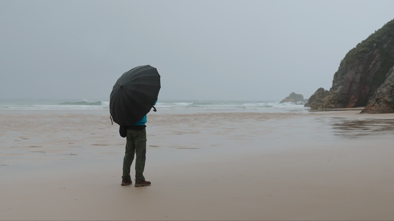 Person with umbrella on a vast, overcast beach