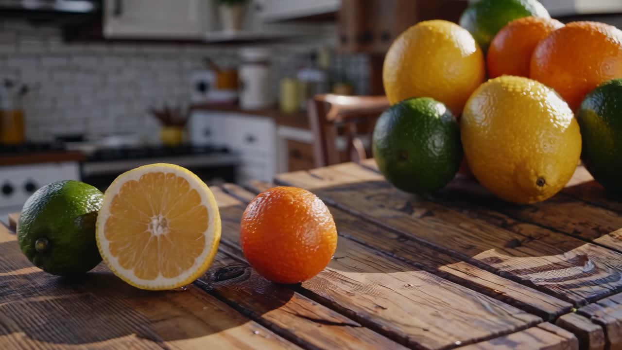 Nærbillede af video af friske citrusfrugter på et træbord, der fanger levende farver og teksturer