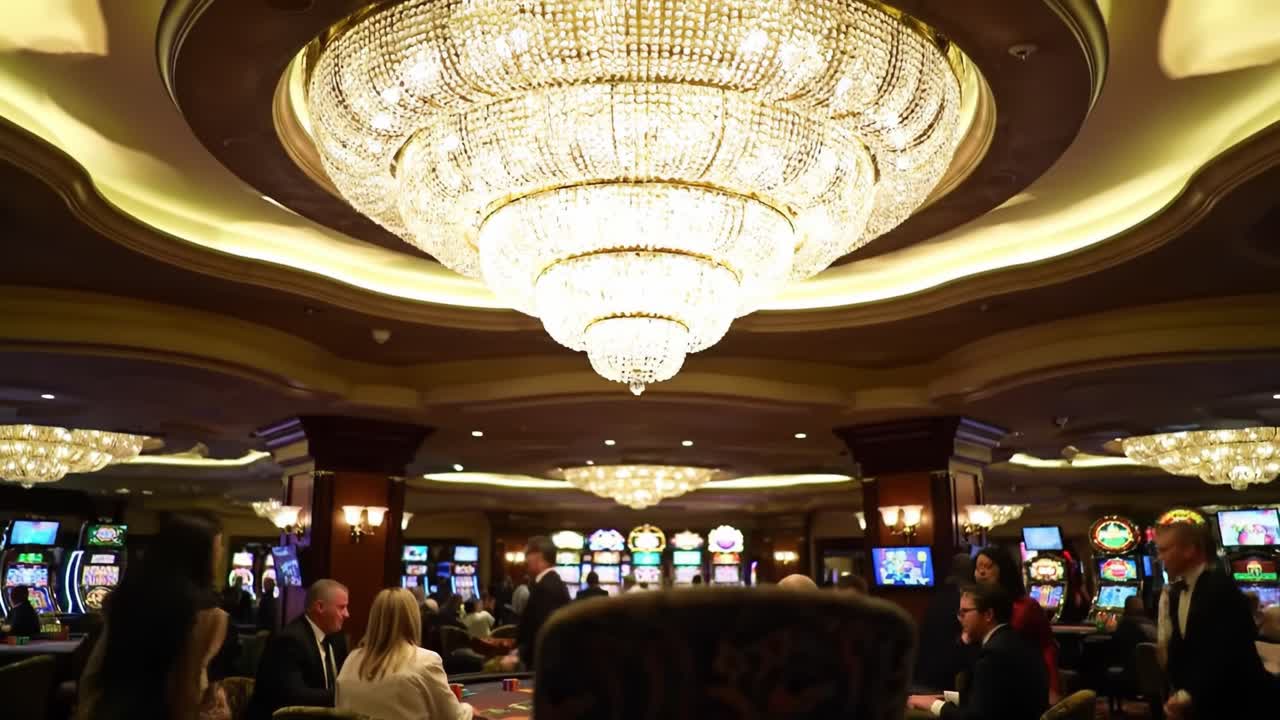 An Elegantly Designed Casino Interior Featuring an Opulent Chandelier Illuminating the Atmosphere in a Vibrant Gaming Environment