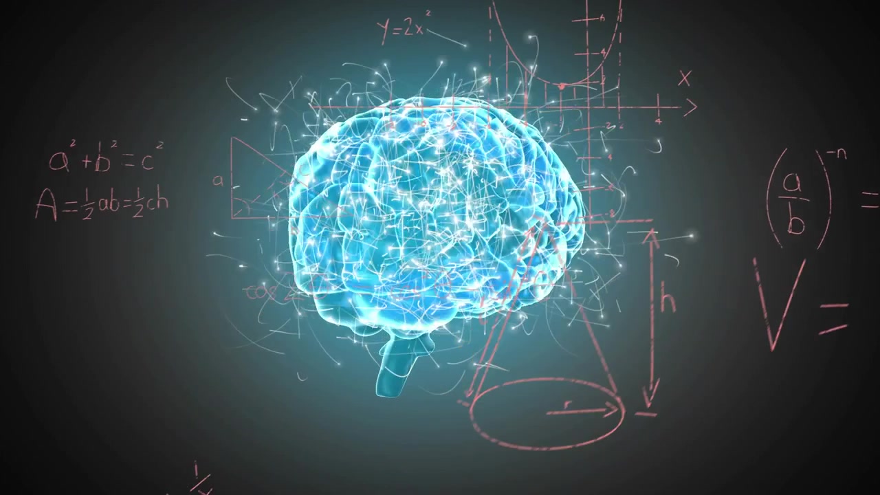 Animation of dots around illuminated human brain over mathematical equations and diagrams