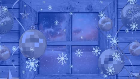 animación de copos de nieve sobre la ventana con adornos y paisaje de invierno