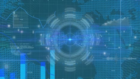 animation of radar in arc reactor over graphs and computer language against map in background