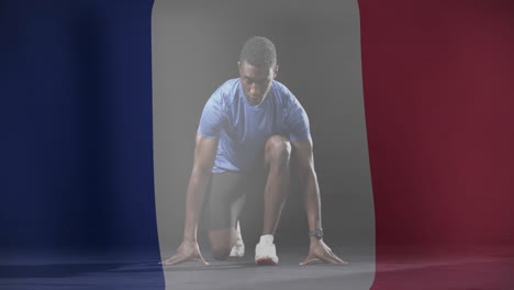 animation of flag of france over biracial male runner