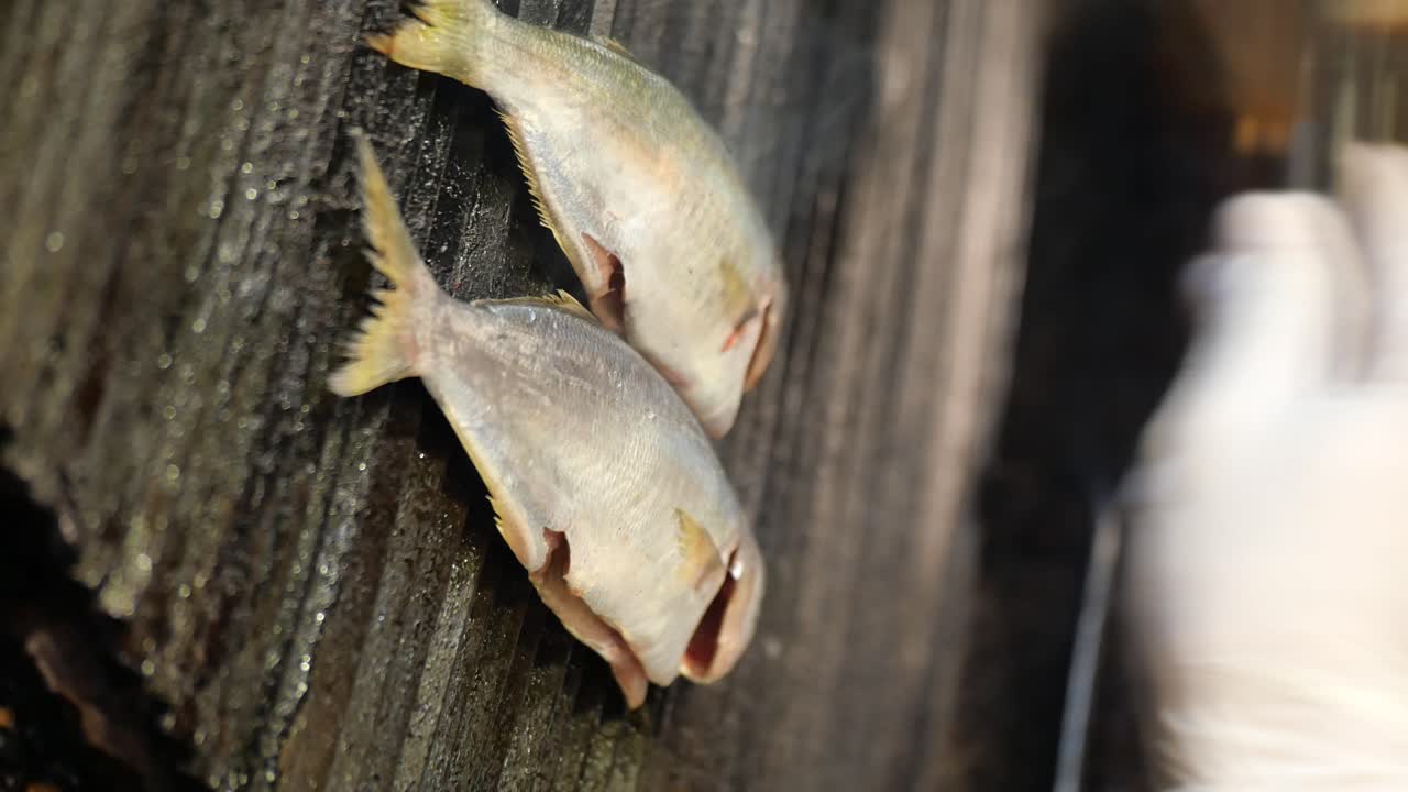 A person preparing fresh fish for cooking