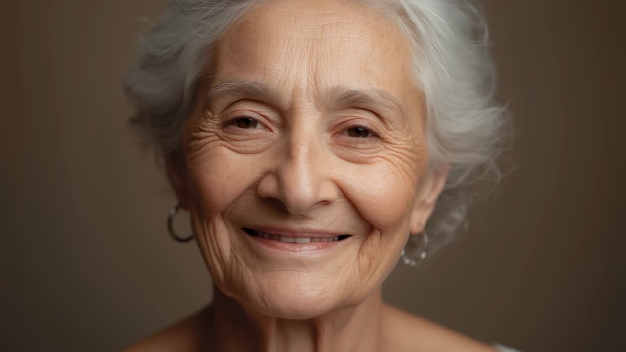 Senior woman opening eyes and keeping smile in studio as frames progress, thin strap, hoop earrings