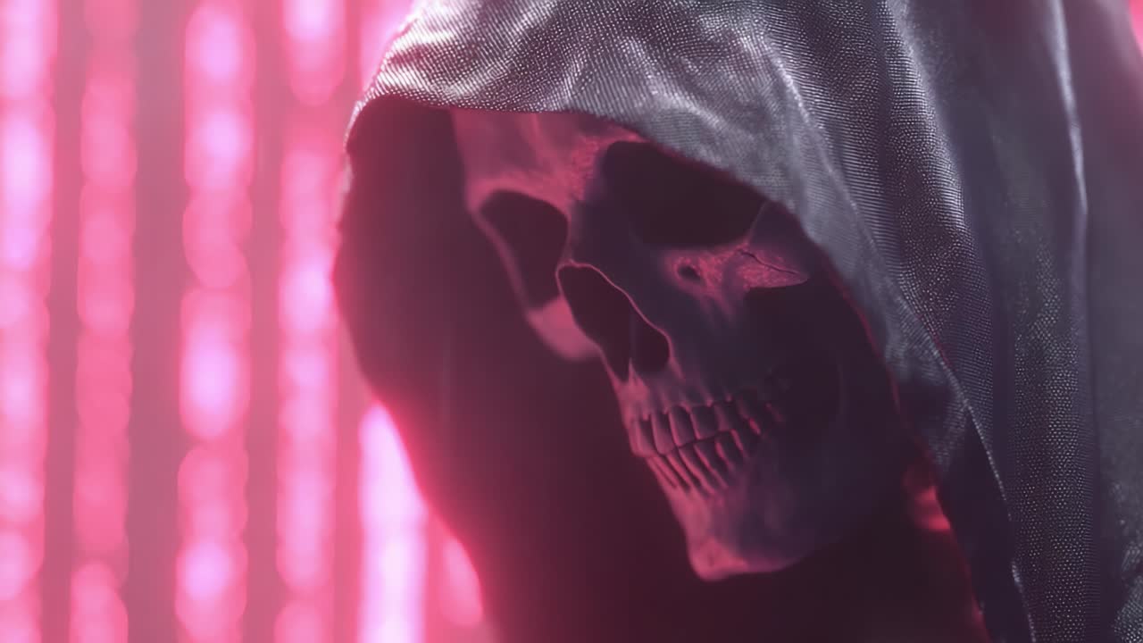 Mysterious Death Figure in Dark Cloak: A Captivating Visual Depiction of an Ominous Skull Surrounded by Neon Lights, Evoking Themes of Mortality and the Unknown