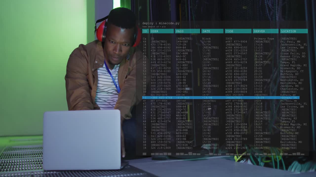 Animation of data processing over african american male it engineer and computer servers