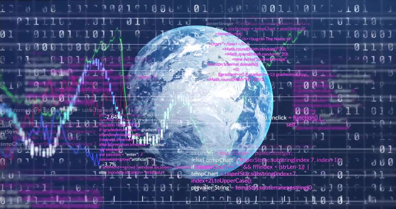 Binary stream starting and data layers sliding over globe, showing live global market analytics