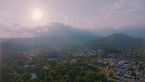 aerial view of a mountain town at sunset