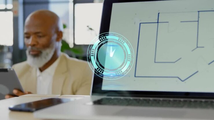 Animation of clock moving fast over businessman using tablet in office