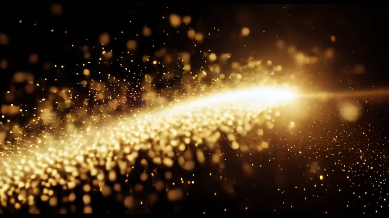 Particelle dorate che fluiscono con bagliori di luce su sfondo nero
