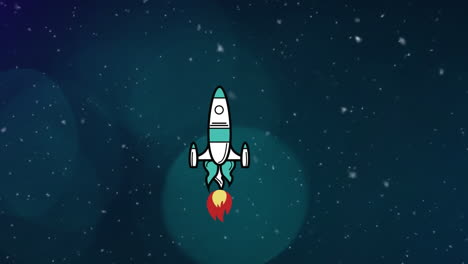 animación de una nave espacial despegando sobre manchas azules y estrellas en fondo azul.