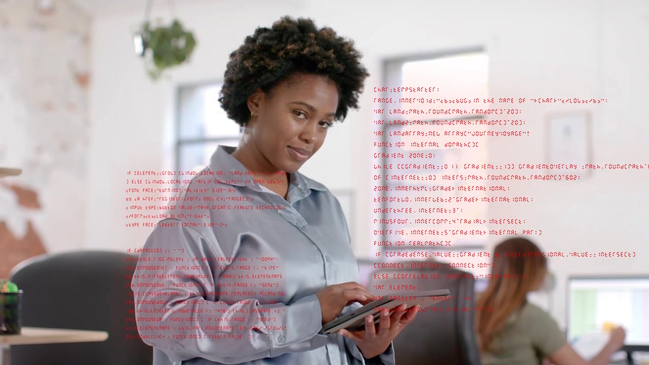 Woman tapping tablet and swiping, analyzing tech data with red overlay shifting over scene, smiling