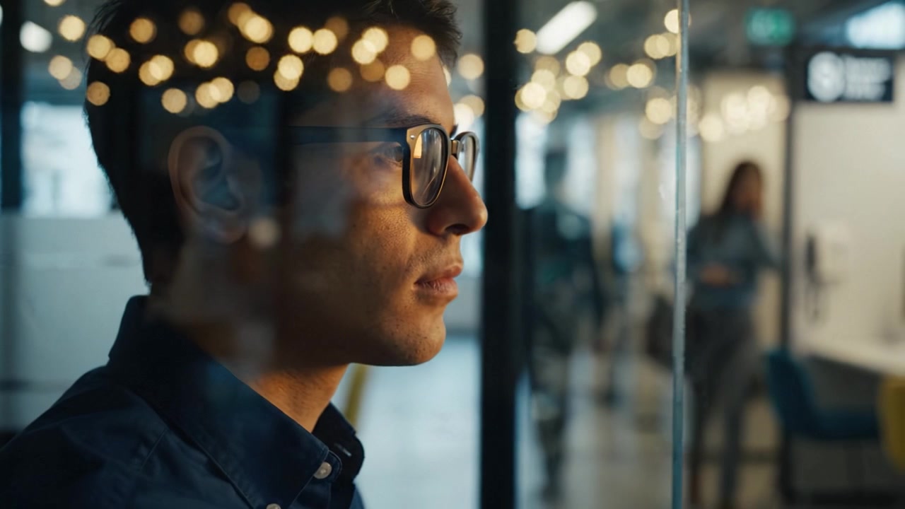 A thoughtful individual gazes out through a glass wall, reflecting over lights and the lively atmosphere of an innovative workspace or office environment.