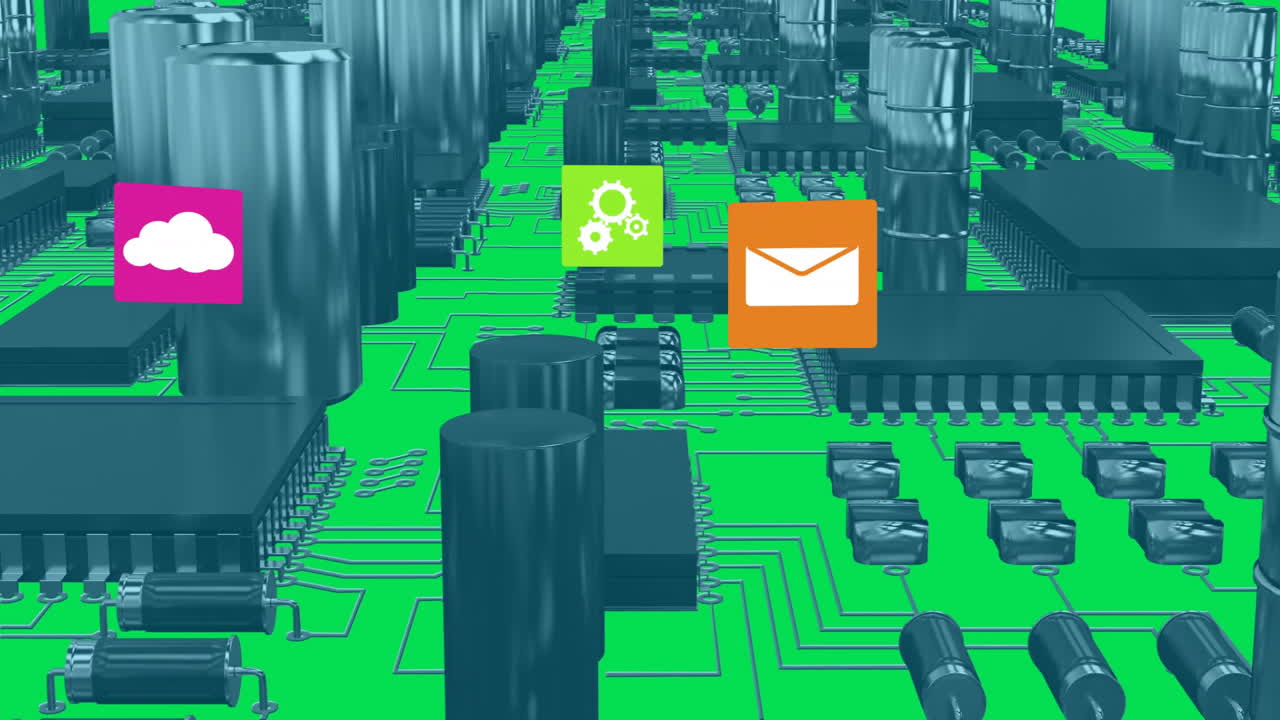 Circuit board with cloud, gear, envelope icons showing technology integration animation