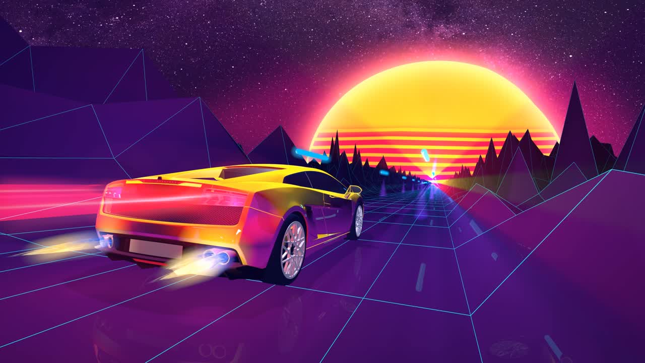 80년대의 럭셔리 스포츠카, 레트로-푸투리스틱 컬러 스키마, 전자, 비디오 게임 및 바파르웨이브 음악 컨셉의 배경