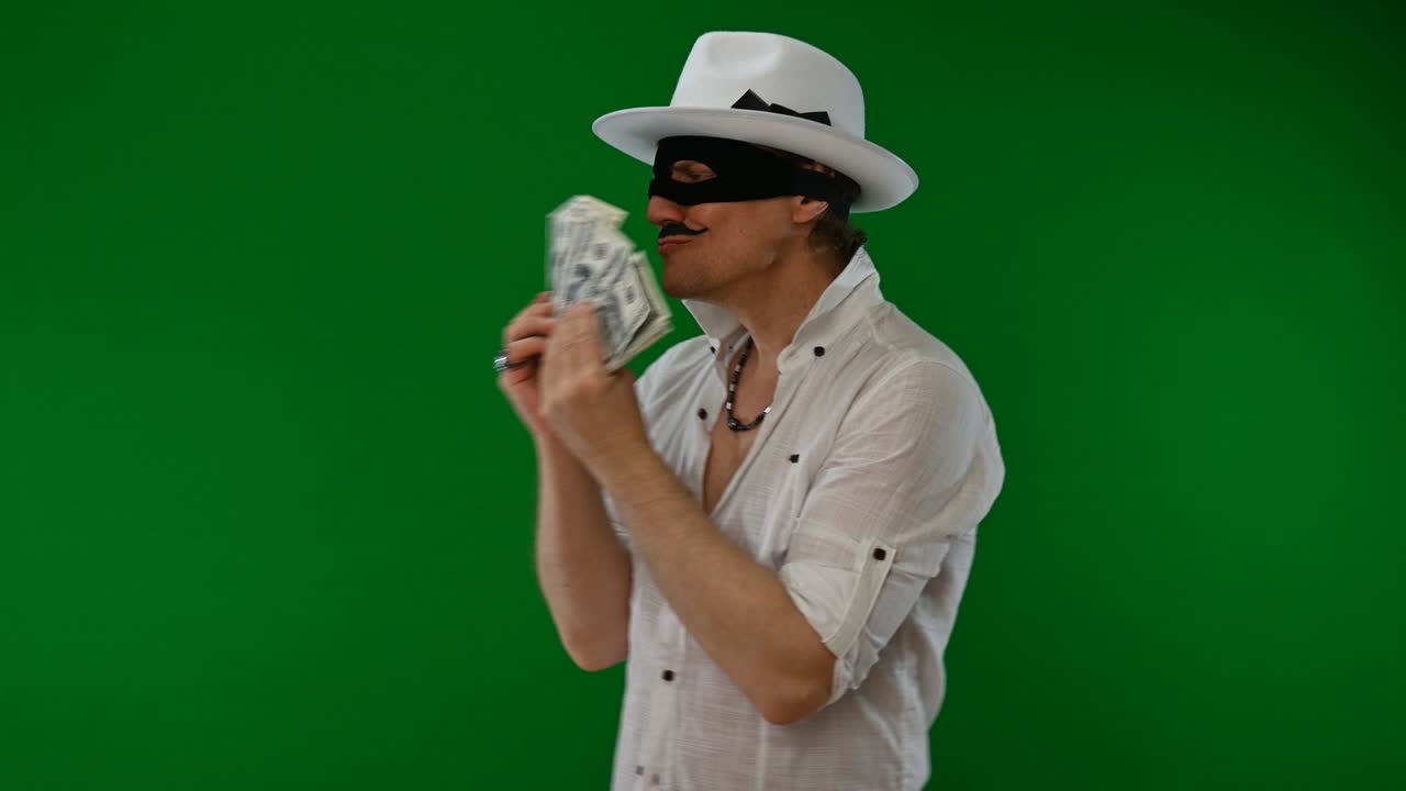Affascinante truffatore con una maschera nera e un cappello bianco si gode i soldi e tenta su sfondo verde