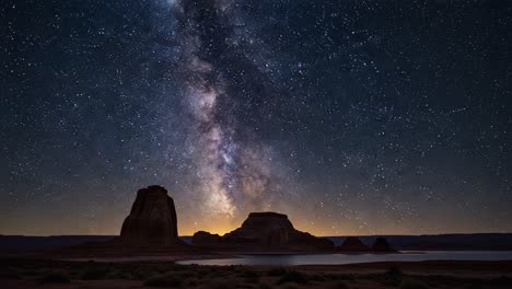 milky way galaxy over desert rock formations at night