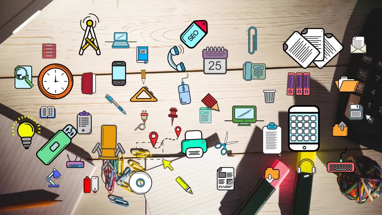 animación de iconos sobre el cuaderno en el escritorio