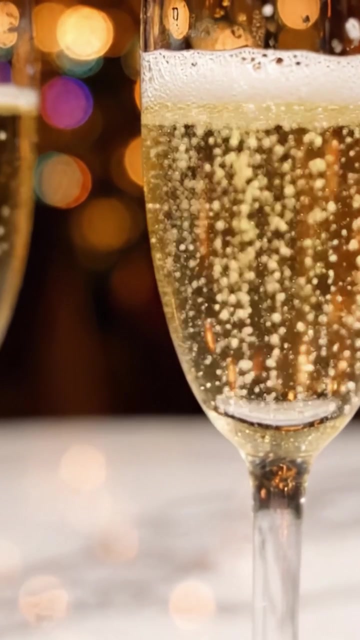 Una celebrazione deliziosa: flûte di champagne scintillanti piene di bollicelle frizzanti, ambientate su uno sfondo bokeh splendidamente sfocato, perfette per brindisi e occasioni speciali.